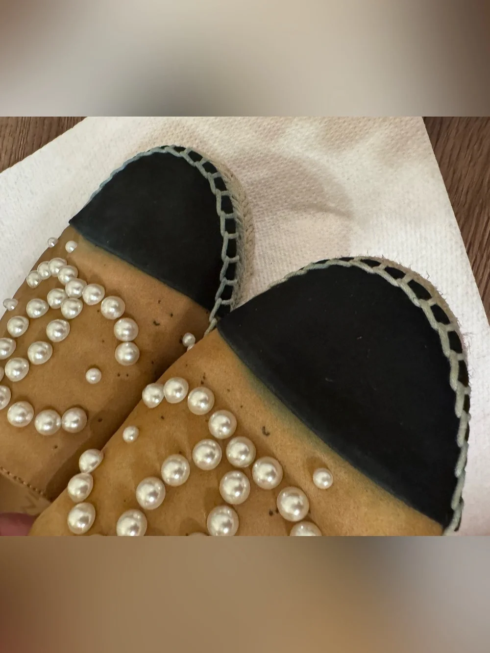 AUTHENTIC CHANEL Tan Suede Pearl-Embellished Flats